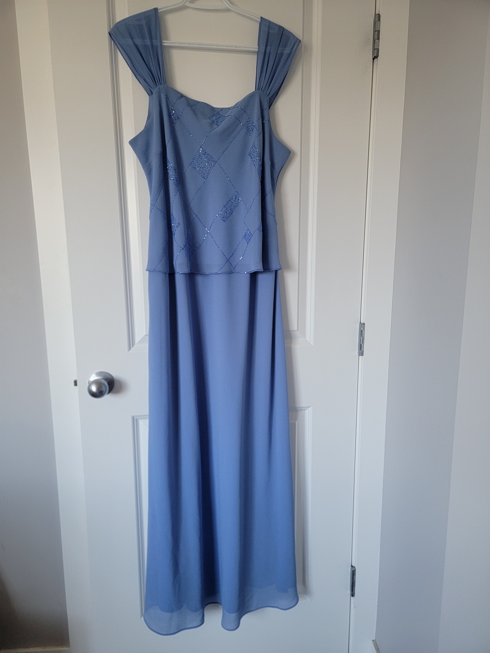 Vintage Elegant Dusty Blue Maxi Dress with Beaded Bodice